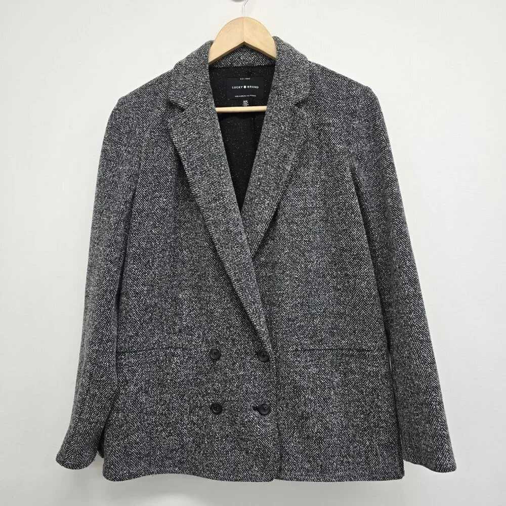 Lucky Brand Woven Knit Double Breasted Blazer Jacket Size M Stretch Gray Black